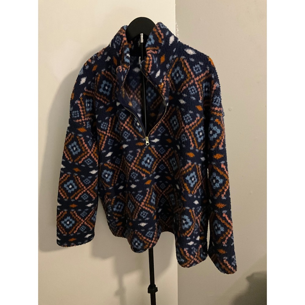 Old Navy Mens XXL Fleece Quarter Zip Pullover Navy Blue Geometric Sherpa Jacket